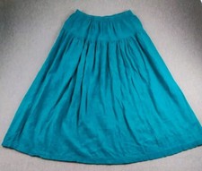 Vintage Eileen Fisher Skirt USA Made Women Teal Aztec Elastic Waist Linen Rayon