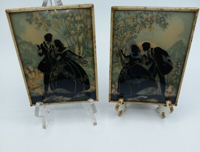 Vtg Set of 2 Art Silhouette Picture Reverse Painted On Curved Glass 5'' x 4'' 
