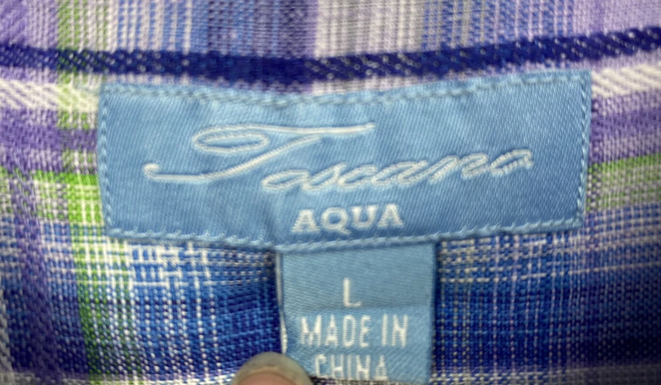 Toscano Aqua Shirt Men Large Linen Long Sleeve Purple/Blue Plaid - Image 3 of 4
