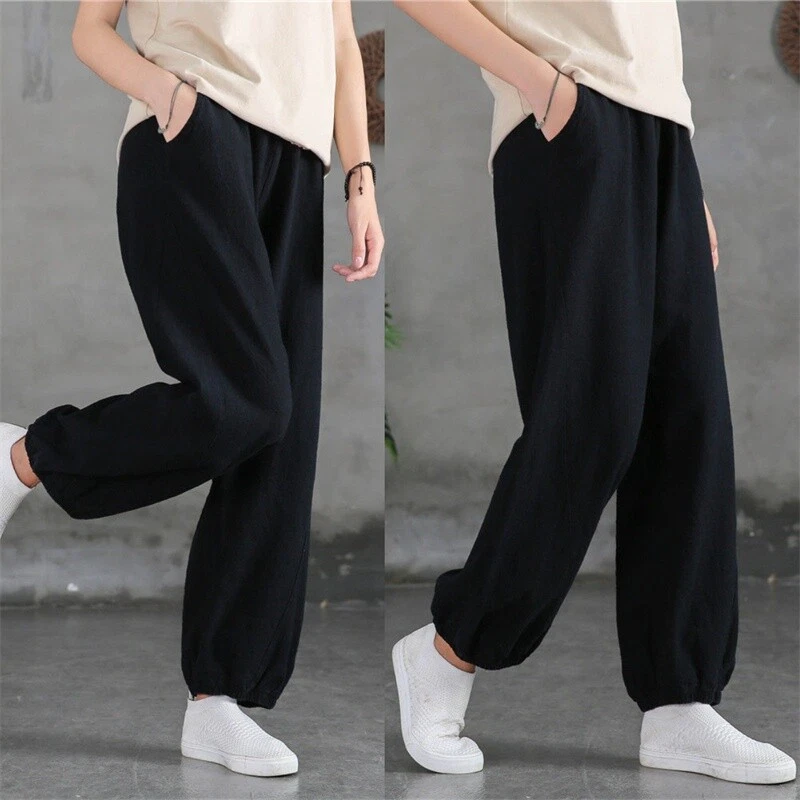 Lady Cotton Linen Pants Wide Leg Sweatpants Workout Jogger Loose Trousers Casual - Image 2 of 4