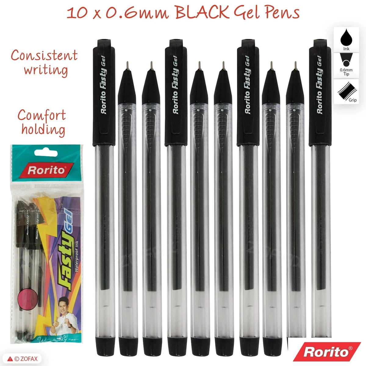 10 x 0.6mm Tip RORITO Fasty BLACK Fine Smooth Writing Gel Pens