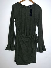 Lulu’s NEW Favorite Tune Faux Wrap Sweater Dress Olive Green Keyhole Back Sz L