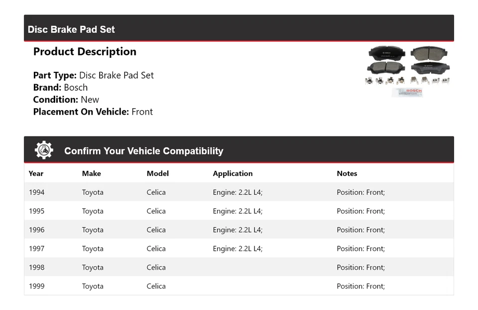 Керамические передние тормозные колодки QuietCast для Toyota Celica Bosch 1994-1999 годов выпуска 1995 1996 годов выпуска - Изображение 2 из 4