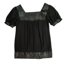 Creative Design Works Black Blouse W/ Satin Trim & Buttons Women Small Dressy