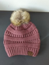 C.C - Thick Cable Knit Hat Faux Fur Pom Pom Fleece Lined Beanie EUC -M5