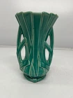 Vtg c1940s McCoy Art Pottery Teal Ribbon Strap Vase 12" Double Handle W/ CHIP