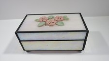 Stained Glass Roses Jewelry Trinket Box w Hinged Lid Beige Vintage 6" Across
