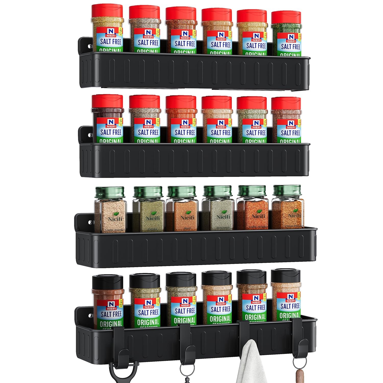 Spice Rack Wall Mount 4 Pack Black Screw or Adhesive Kitchen Cabinet Door