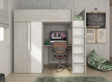 Letto a soppalco 205x183 cm  con armadio e scrivania  bianco opaco e rovere - Ar