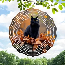 Metal Hanging Wind Spinners with  Web Design - Elegant Black Cat & Autumn