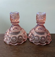 Pair LE Smith Moon and Stars Candlestick Holders Pink MCM Vintage - EUC
