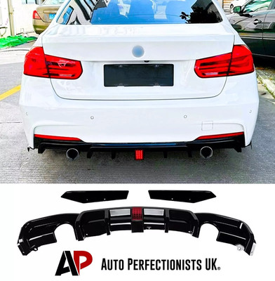 For BMW 3 Series F30 F31 Gloss Black Valance Diffuser Spoiler Lip Dual W/LED