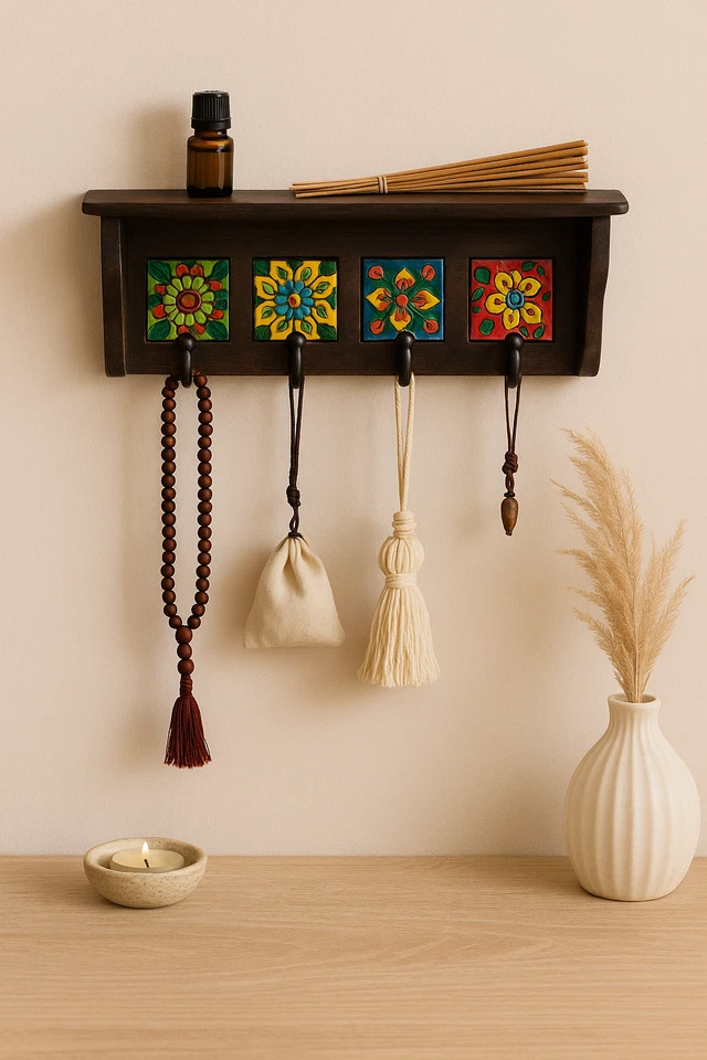 Espresso brown Wall Shelf with Ceramic Tile Inlay & Hooks – Entryway Key Holder - Image 2 of 4