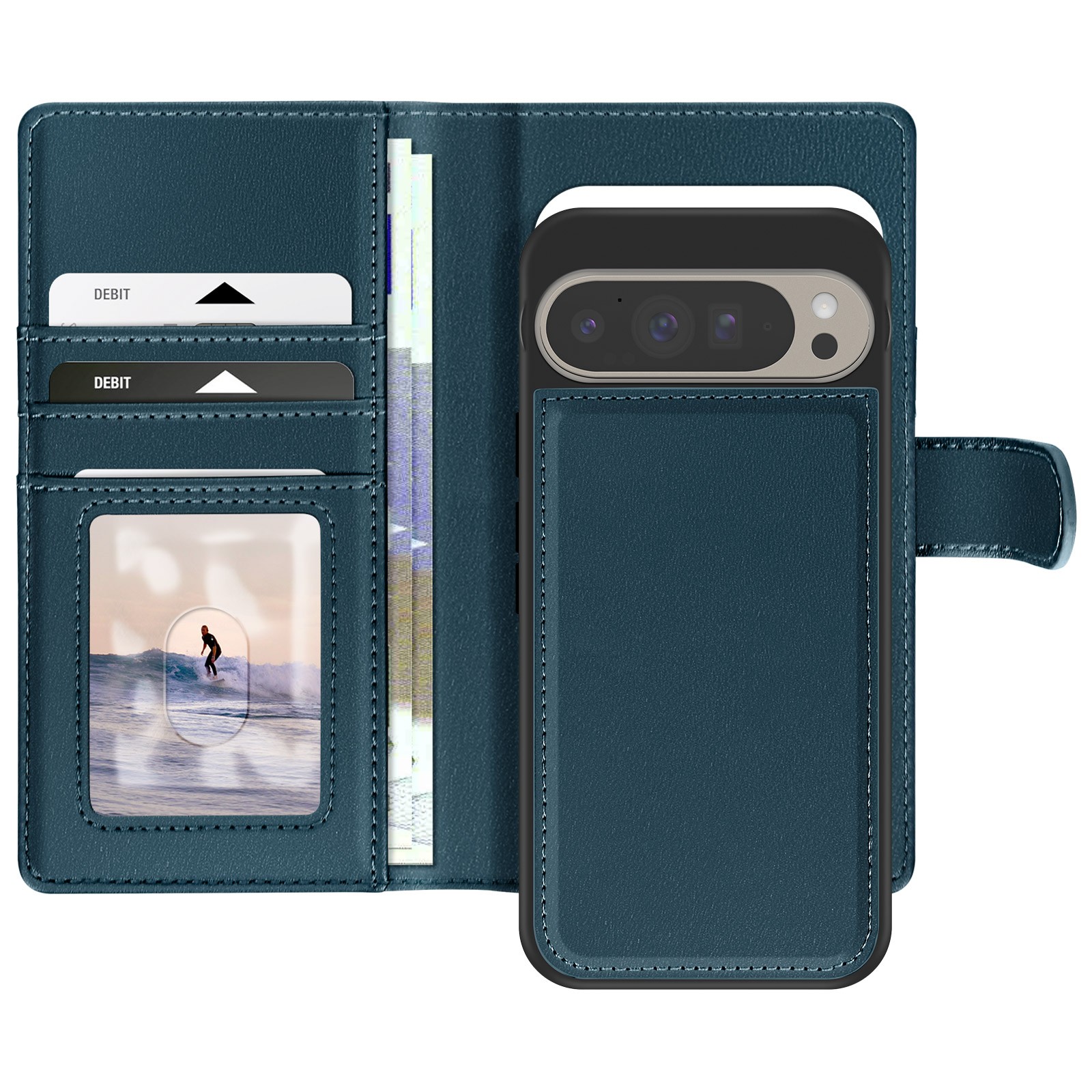 Coque Pixel 9 et 9 Pro détachable Mayaxess en simili-cuir bleu marine