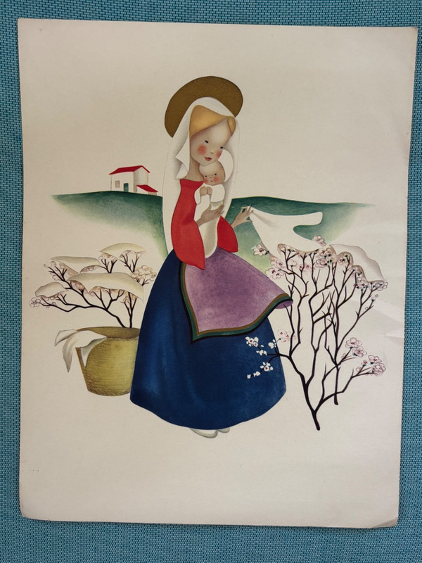 VINTAGE RELIGIOUS PRINT by JOSETTE BOLAND of MADONNA AND CHILD