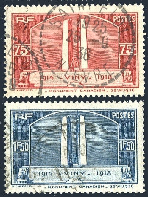 France 311-312, used. Mi 321-322. Canadian War Memorial at Vimy