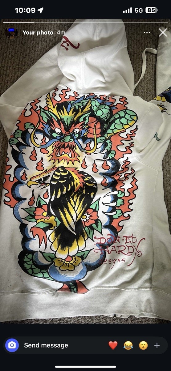 Ed Hardy Full Zip Graphic Print Hoodie unisex White Dragon Tiger