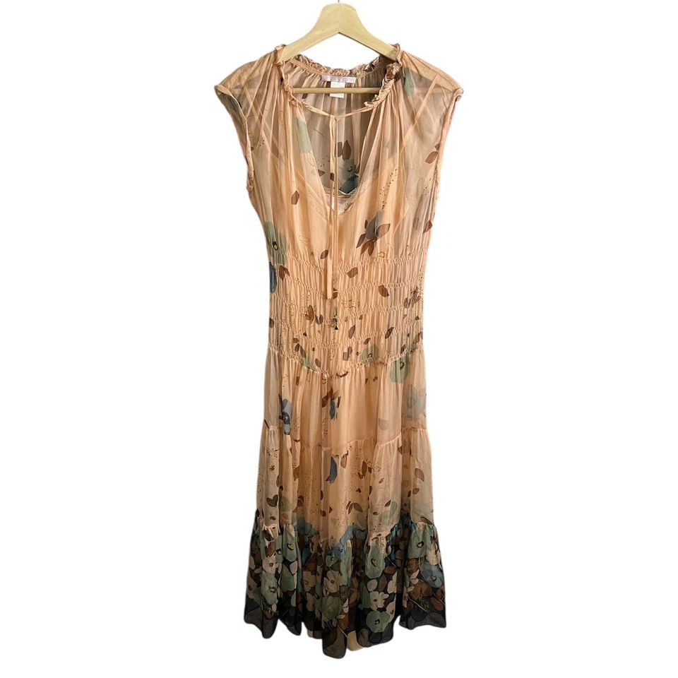 Vintage Rebecca Taylor Silk Floral Midi Dress Pink 4 Cottagecore Fairy Romantic - Image 2 of 4