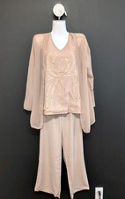 Mother of The Bride Pant Suits With Jacket Sparkly Chiffon Dress L Apricot 3 Pcs