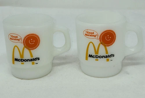 LOT OF 2 VTG ANCHOR HOCKING FIRE KING MCDONALDS SUN MILK GLASS COFFEE CUPS MUGS