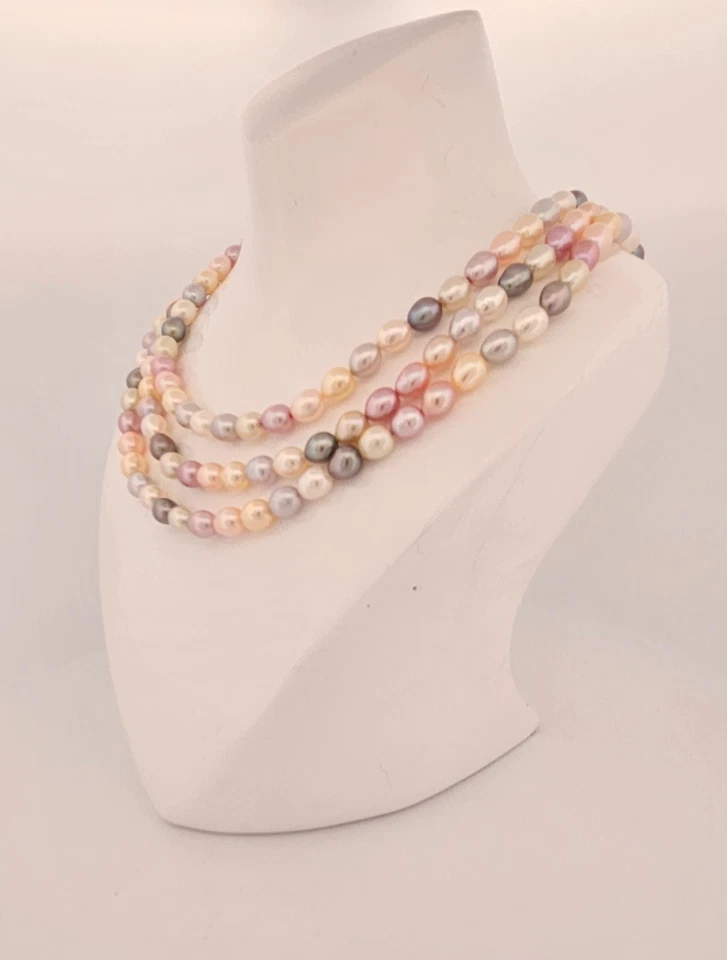 Collar de 3 hebras de perlas multicolores brocheado oro macizo 14k 16" Foto 2 de 4