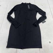 Lulus Dress Womens L Black Mock Neck Crochet Lace Sleeve Bodycon Short Mini