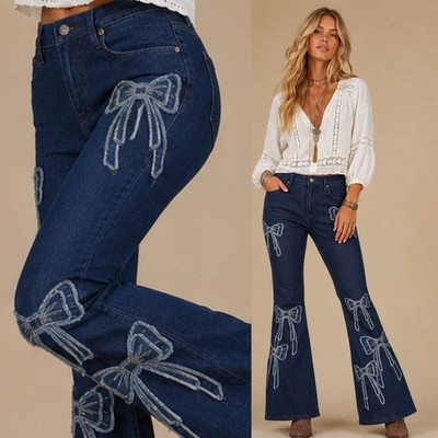 Driftwood x Free People flare pants floral embroidery jeans boho 25