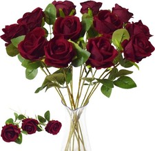 12 Pcs Artificial Flowers Decorative Fake Dark Red Roses, Long Stem Faux Flower