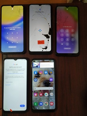 Lot of 5 Samsung Galaxy A15 5G 64GB/A14 5G 64GB/A03s( 2)/A11(1 )32GB for parts