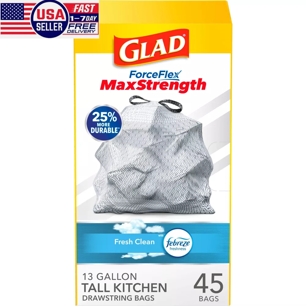 【US Seller】【90ct】Glad ForceFlex MaxStrength Tall Kitchen Drawstring Trash Bags