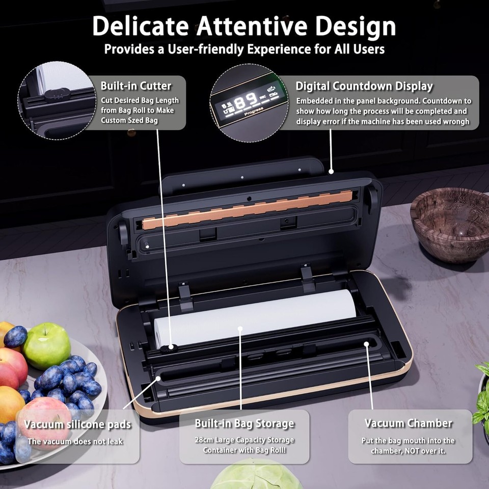 Vacuu Sealer achine, Full Autoatic Food Sealer (95Kpa), vacuu