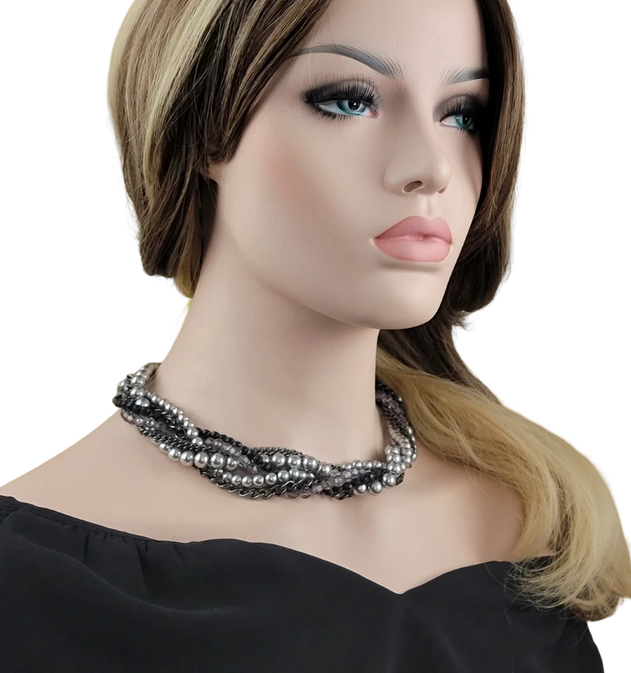 Collar trenzado Premier Designs seis hilos cadena negra gris imitación perla nuevo sin etiquetas Foto 3 de 4