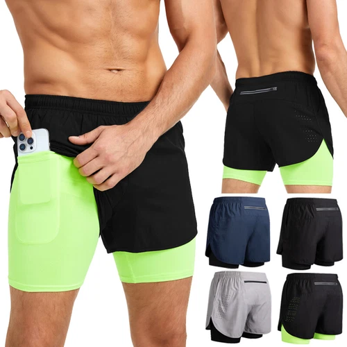 Men's 2 in 1 Running Shorts Quick Dry Workout Athletic Outdoor Sports Gym Shorts