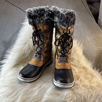 Global Win Women s Brown Gray Black Fur Rubber Snow Boots Size 7 Globalwin
