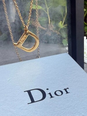 Christian Dior D Logo Rhinestone Necklace Gold Women | eBay