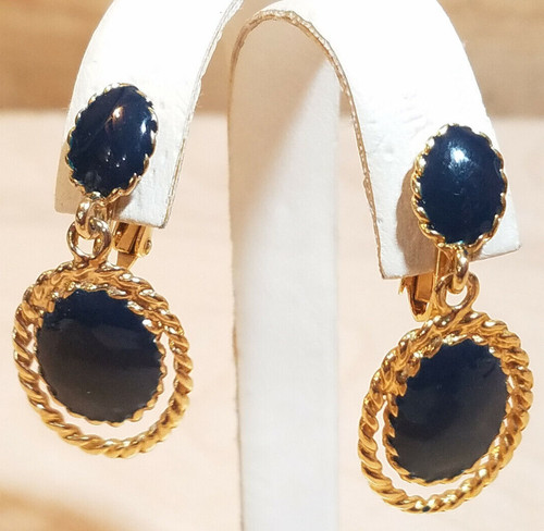 Blue Oval Clip On Dangle Earrings Vtg Costume Fashion Jewelry Vtg - Swanky Barn