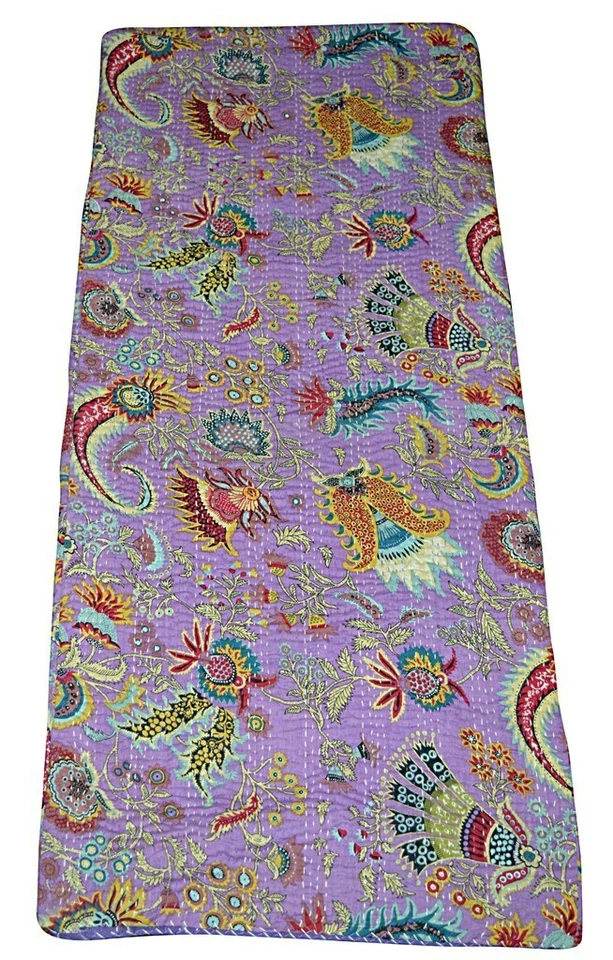 Indian Embroidery Kantha Quilt Bedspread Floral Throw Cotton Purple - Image 3 of 4