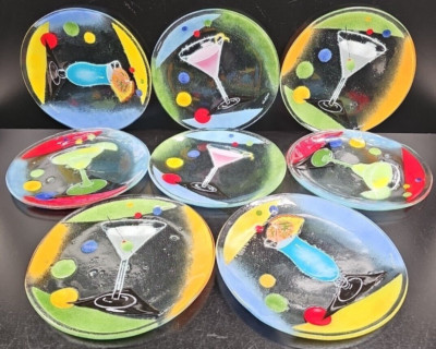 8 Fusion Art Glass Cocktails Plates Mix Set McGrath Matini Margarita Dishes Lot