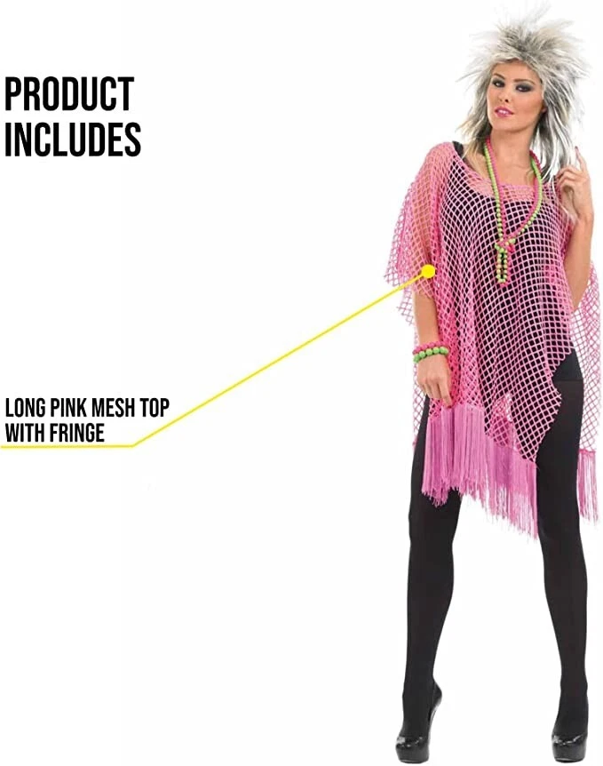 Mujer Rosa Neón Largo Malla Top Damas Años 80 Retro Niño Salvaje Red Disfraz Foto 3 de 3