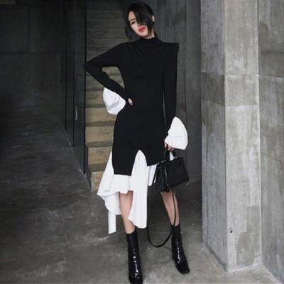 Womens Slim High Neck Long Sleeves Knitted Dress Patchwork Sweater Dress  Black | eBay
