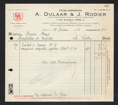 PARIS (VIII°) NADELN für NÄHMASCHINEN ''A. DULAAR & J. RODIER'' 1936