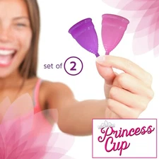 2 Pack Princess Menstrual Period Cup Reusable Silicone & Storage Bag LARGE SMALL