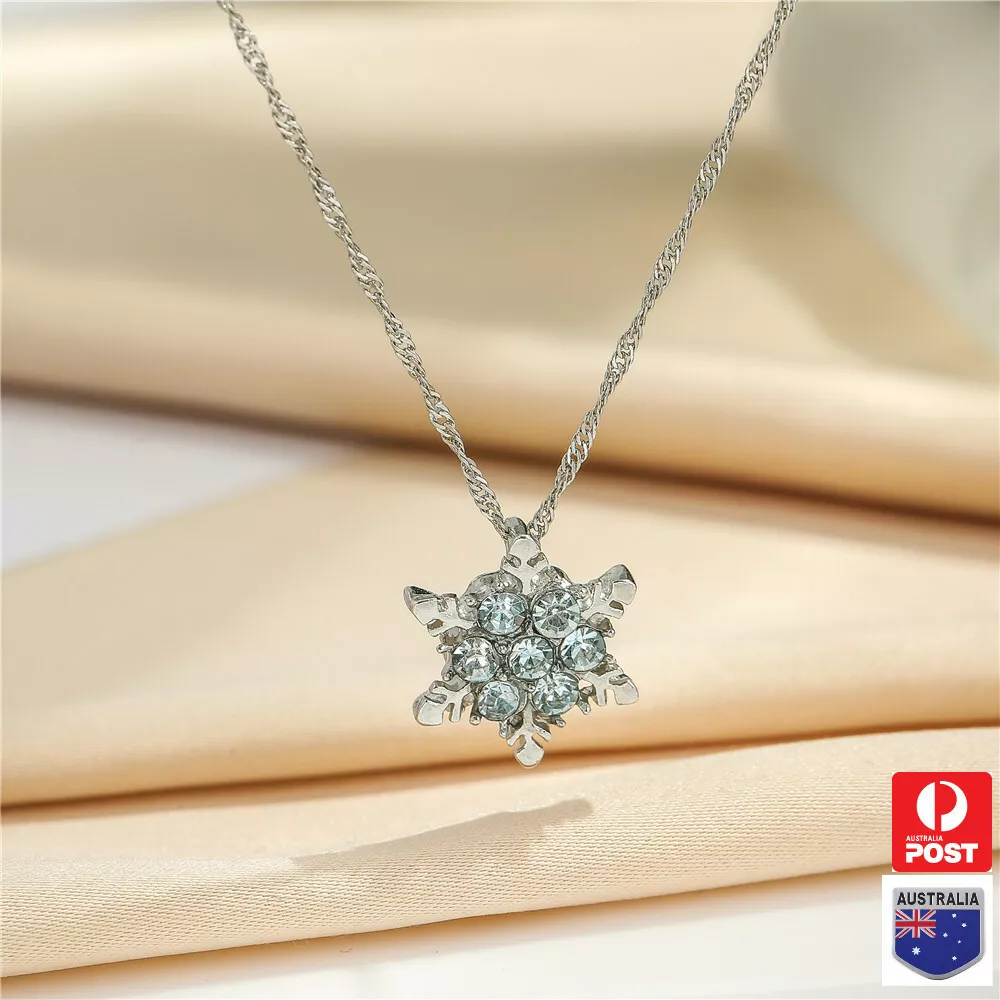 Blue Crystal Snowflake Pendant silver chain Frozen Necklace Flower