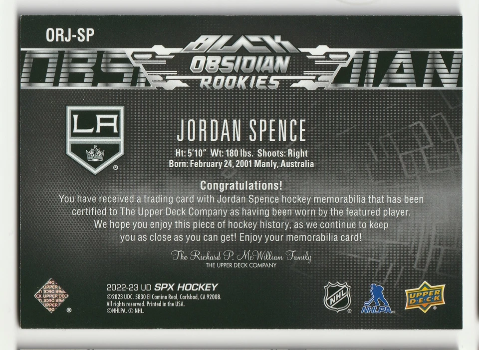 2022-23 UD (SPX) "Black Obsidian" Rookie Jersey /499 # ORJ-SP Jordan Spence RC! - Image 2 of 2