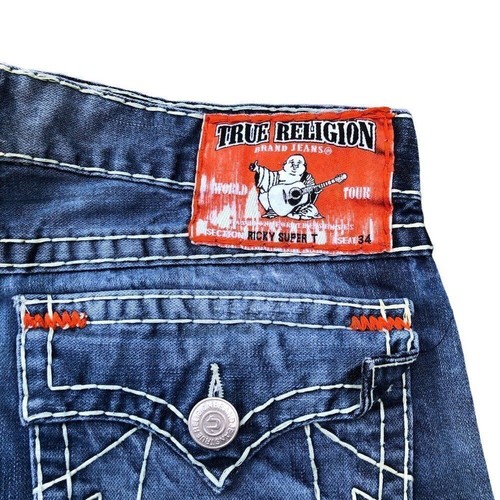 True Religion Jeans Size 38 RICKY SUPER T Blue Trashed Painter Denim - Picture 4 of 9
