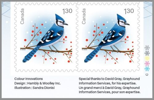 BLUE JAY = CHRISTMAS BIRDS = USA rate LOWER INSCRIPTION Pair from BK.Canada 2022