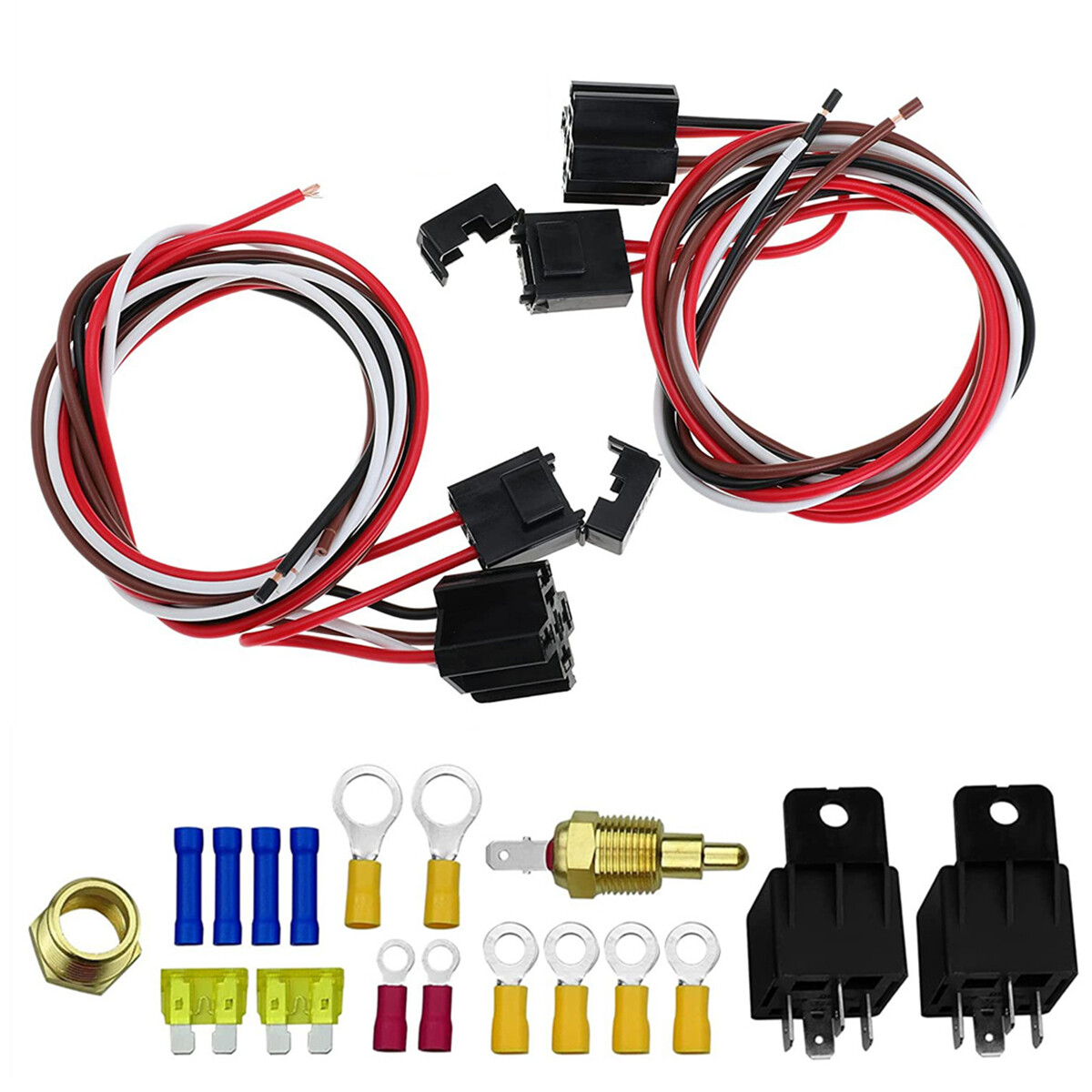 12V Dual Electric Fan Relay Kit with Thermostat 185F On 175F Off 40A  -image