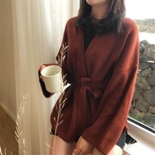 Women Knitted Coat Jacket Sweater Cardigan Top Casual Loose V-neck with Belt Red