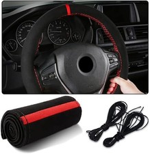 15 Inch Genuine Leather Steering Wheel Cover Durable Stitch- Color Blackred