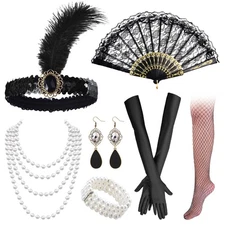1920s Flapper Accessories Set, Women, Roaring 20s Fascinator Headband, Costume